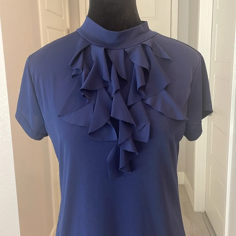 Double Take Petites  Size S Stretch Top in Navy Blue with Ribbon Neckline - Picture 2 of 10